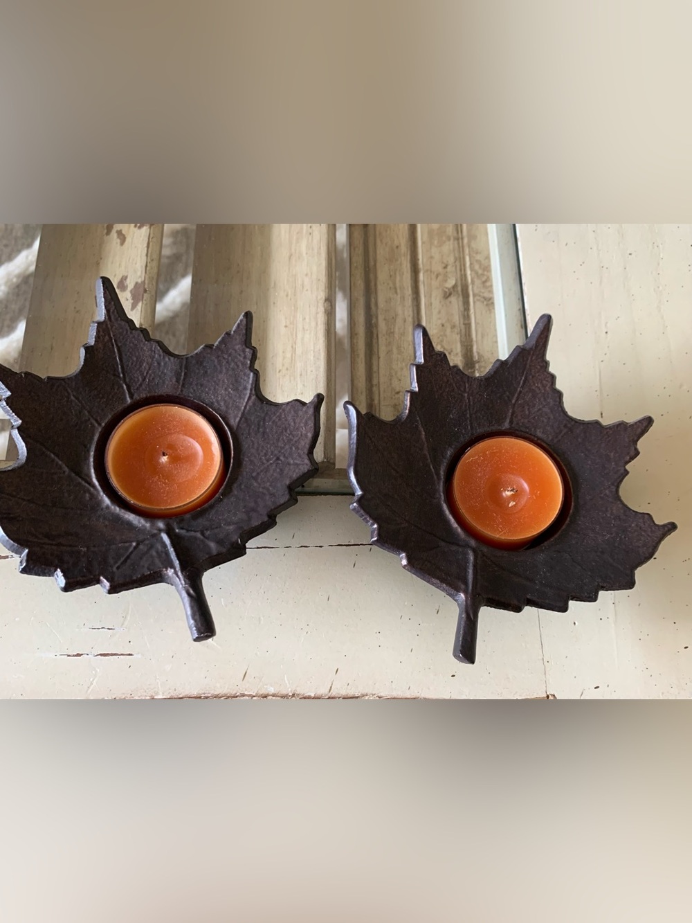 Pier 1 Set of 2 Maple Leaves Shaped Metal Tea Lights